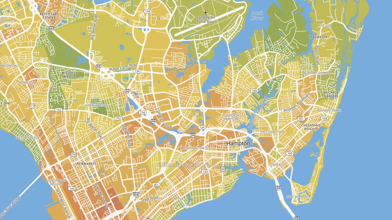 Map of the best neighborhoods in the Hampton City area, with better matches in green and worse matches in red