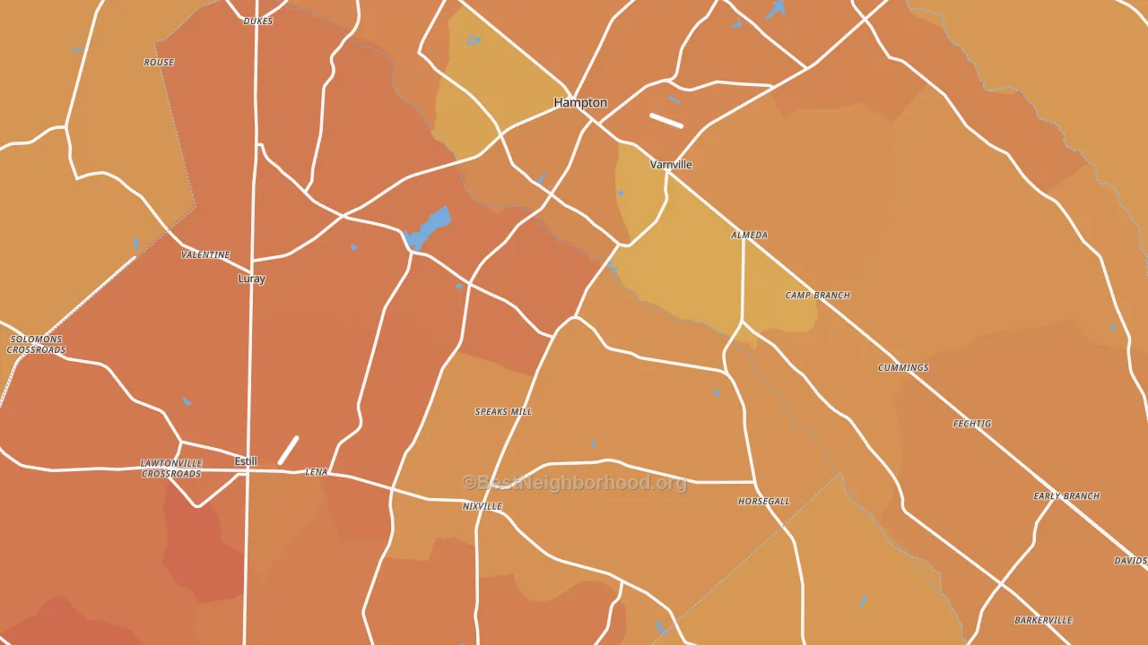 Map of the best neighborhoods in the Hampton County area, with better matches in green and worse matches in red