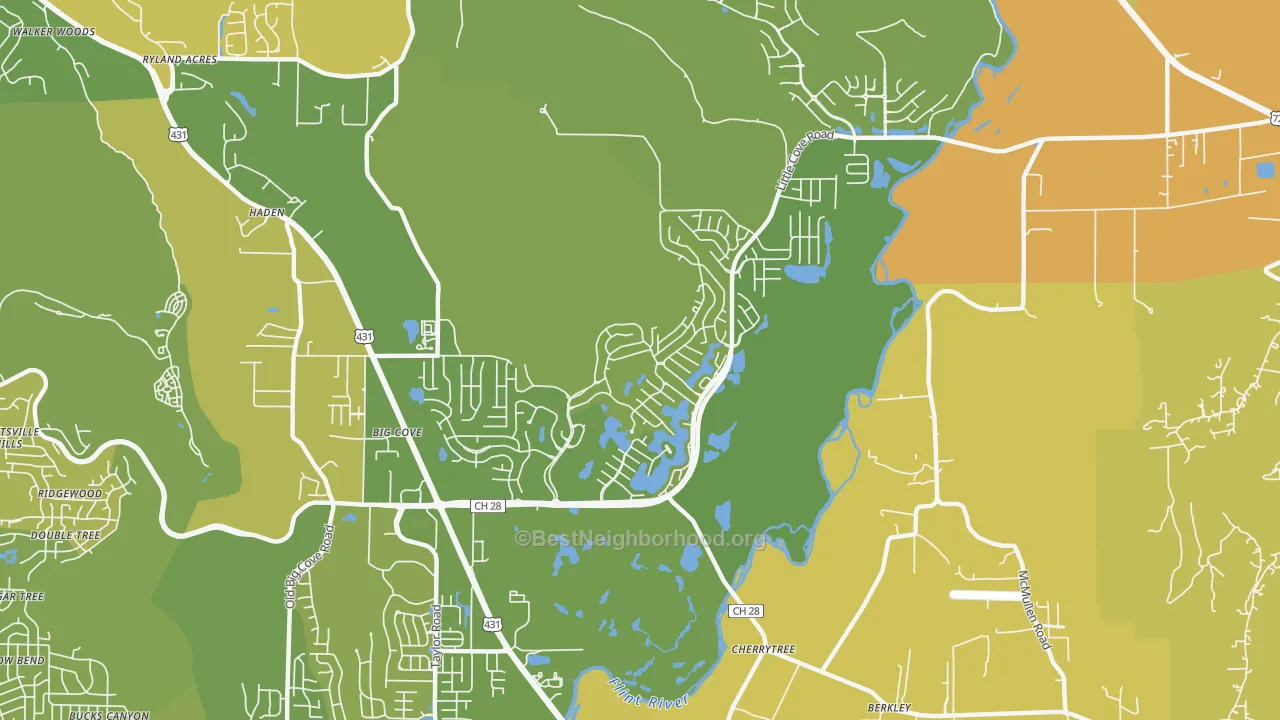 Map of the best neighborhoods in the Hampton Cove, Owens Cross Roads area, with better matches in green and worse matches in red