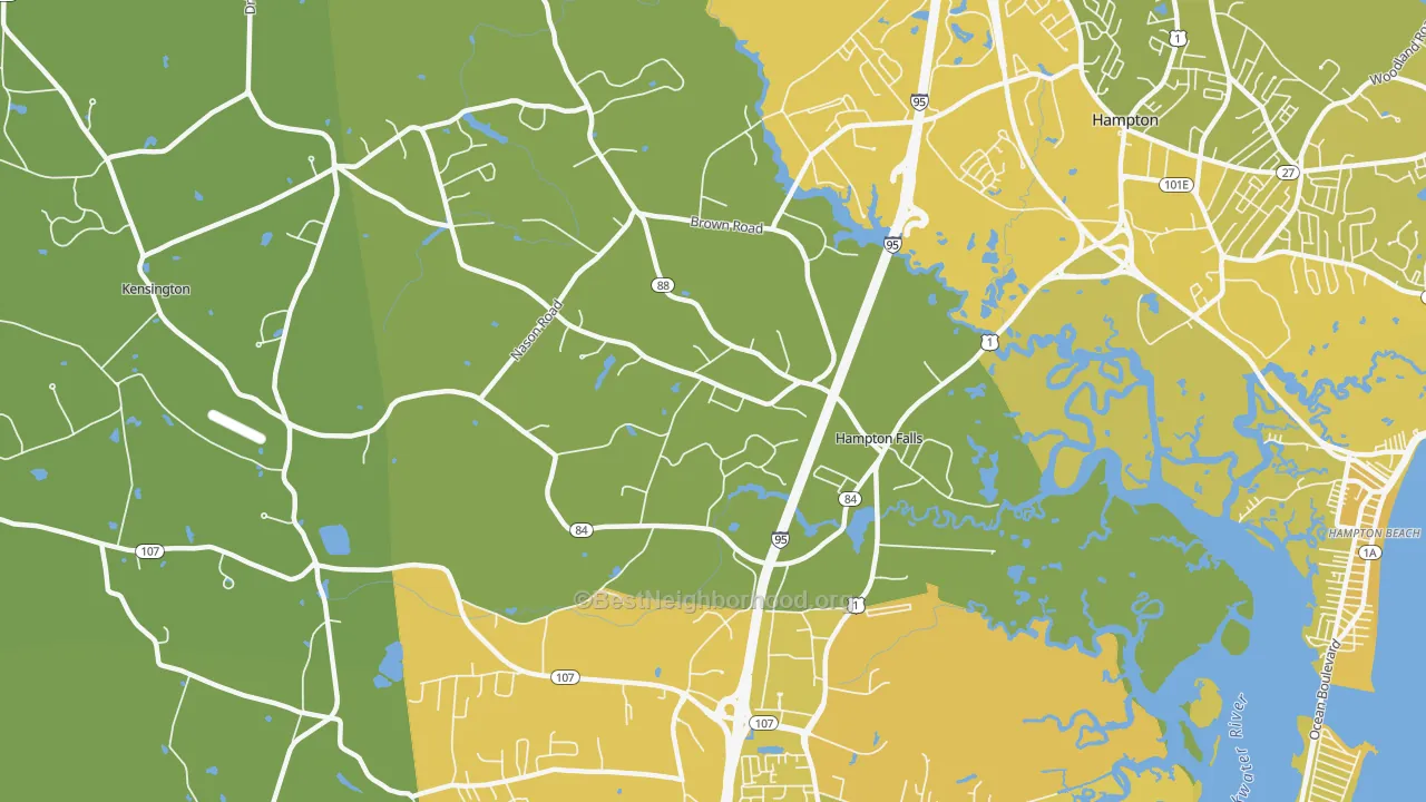 Map of the best neighborhoods in the Hampton Falls area, with better matches in green and worse matches in red