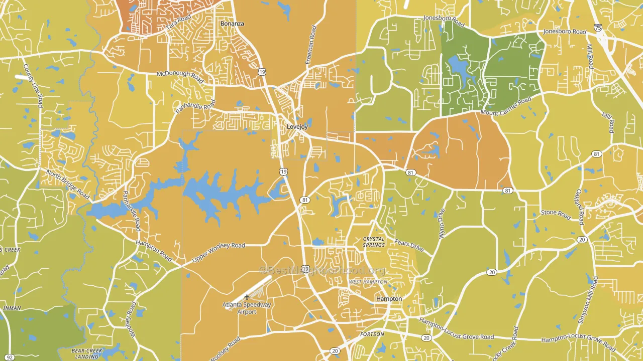 Map of the best neighborhoods in the Hampton area, with better matches in green and worse matches in red