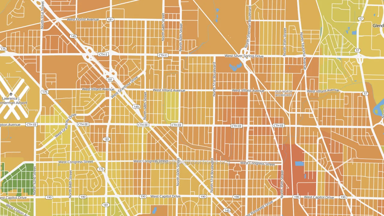 Map of the best neighborhoods in the Hampton Heights, Milwaukee area, with better matches in green and worse matches in red