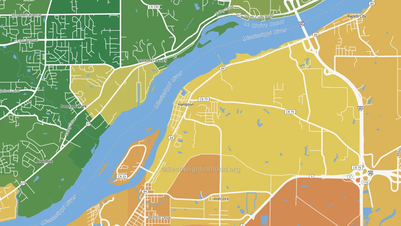 Map of the best neighborhoods in the Hampton area, with better matches in green and worse matches in red
