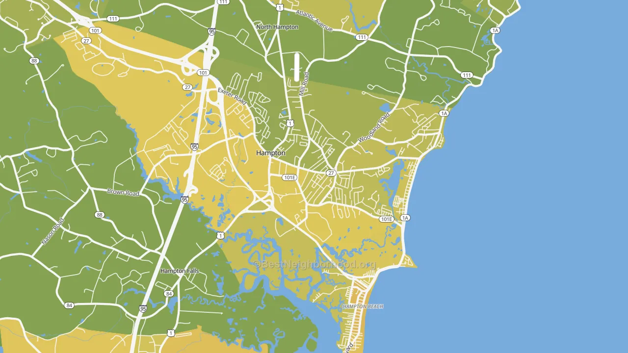 Map of the best neighborhoods in the Hampton area, with better matches in green and worse matches in red