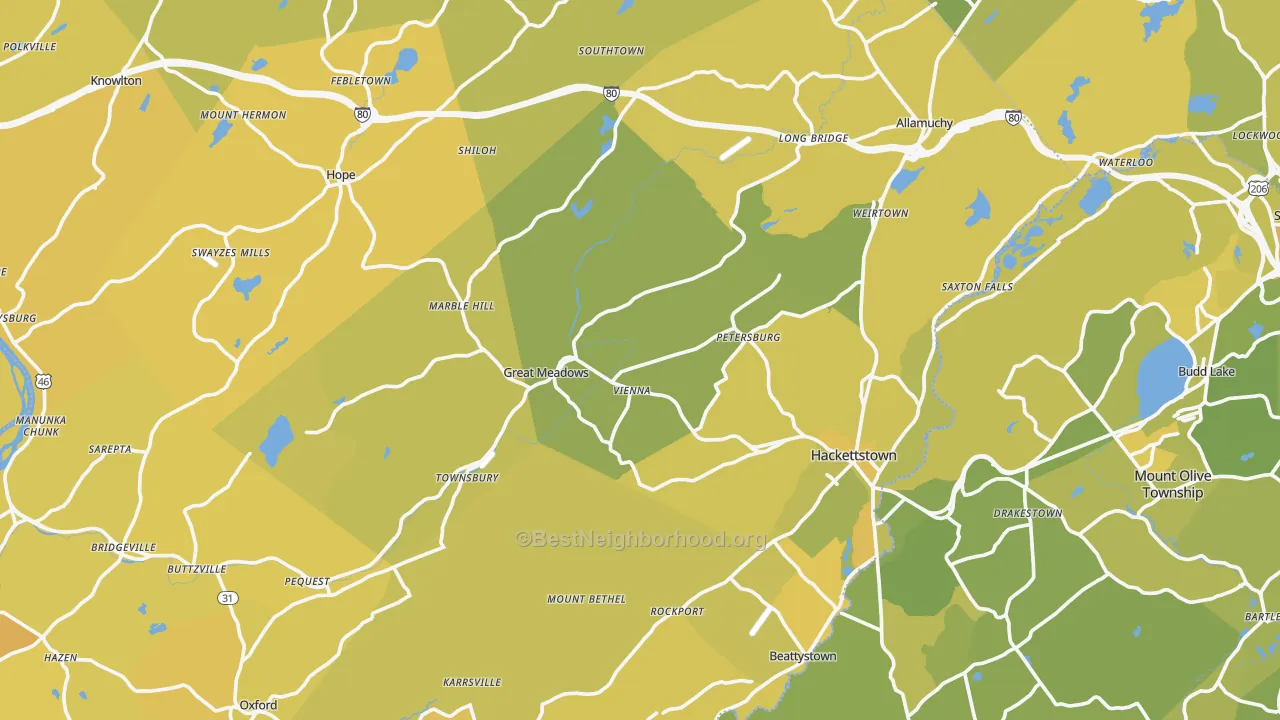 Map of the best neighborhoods in the Hampton area, with better matches in green and worse matches in red