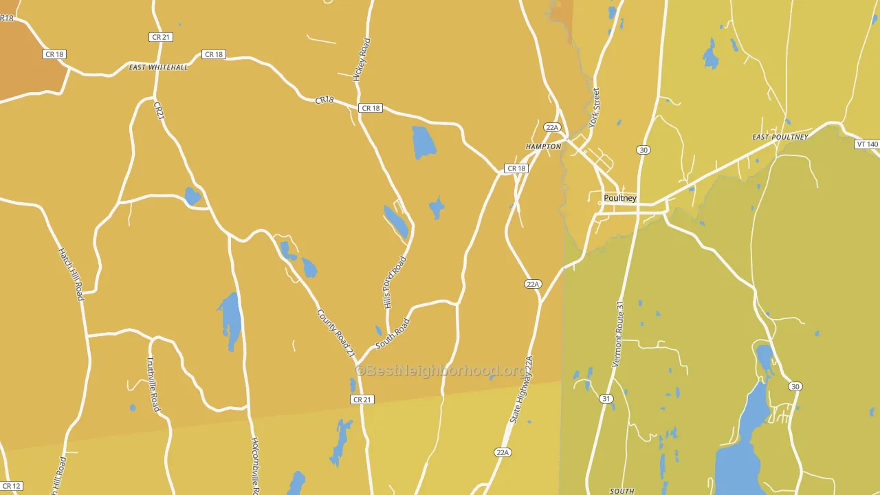 Map of the best neighborhoods in the Hampton area, with better matches in green and worse matches in red