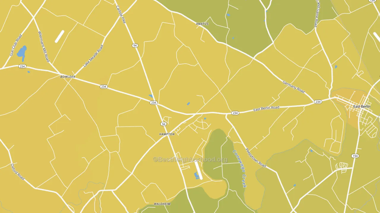 Map of the best neighborhoods in the Hampton area, with better matches in green and worse matches in red