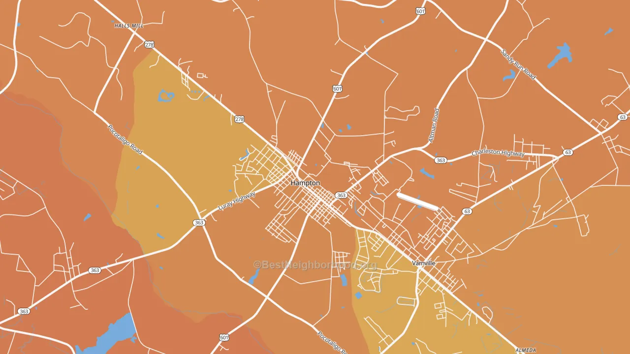 Map of the best neighborhoods in the Hampton area, with better matches in green and worse matches in red
