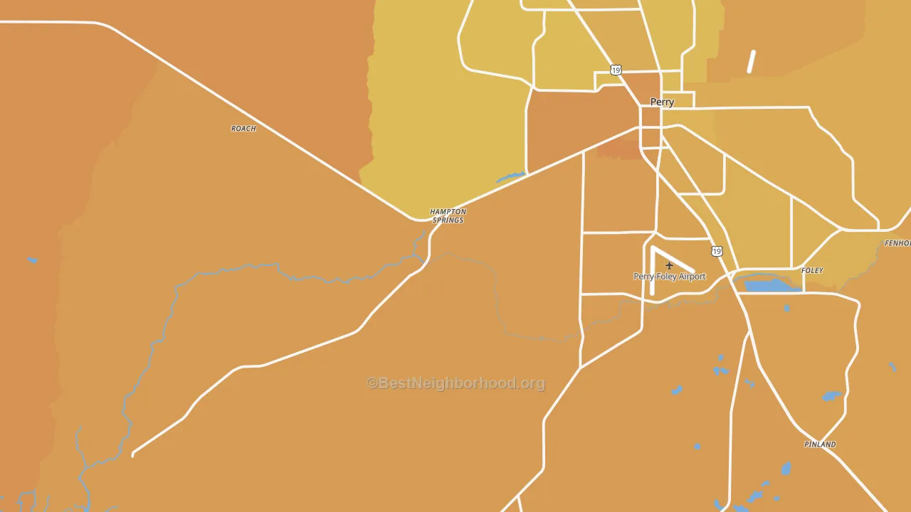 Map of the best neighborhoods in the Hampton Springs area, with better matches in green and worse matches in red