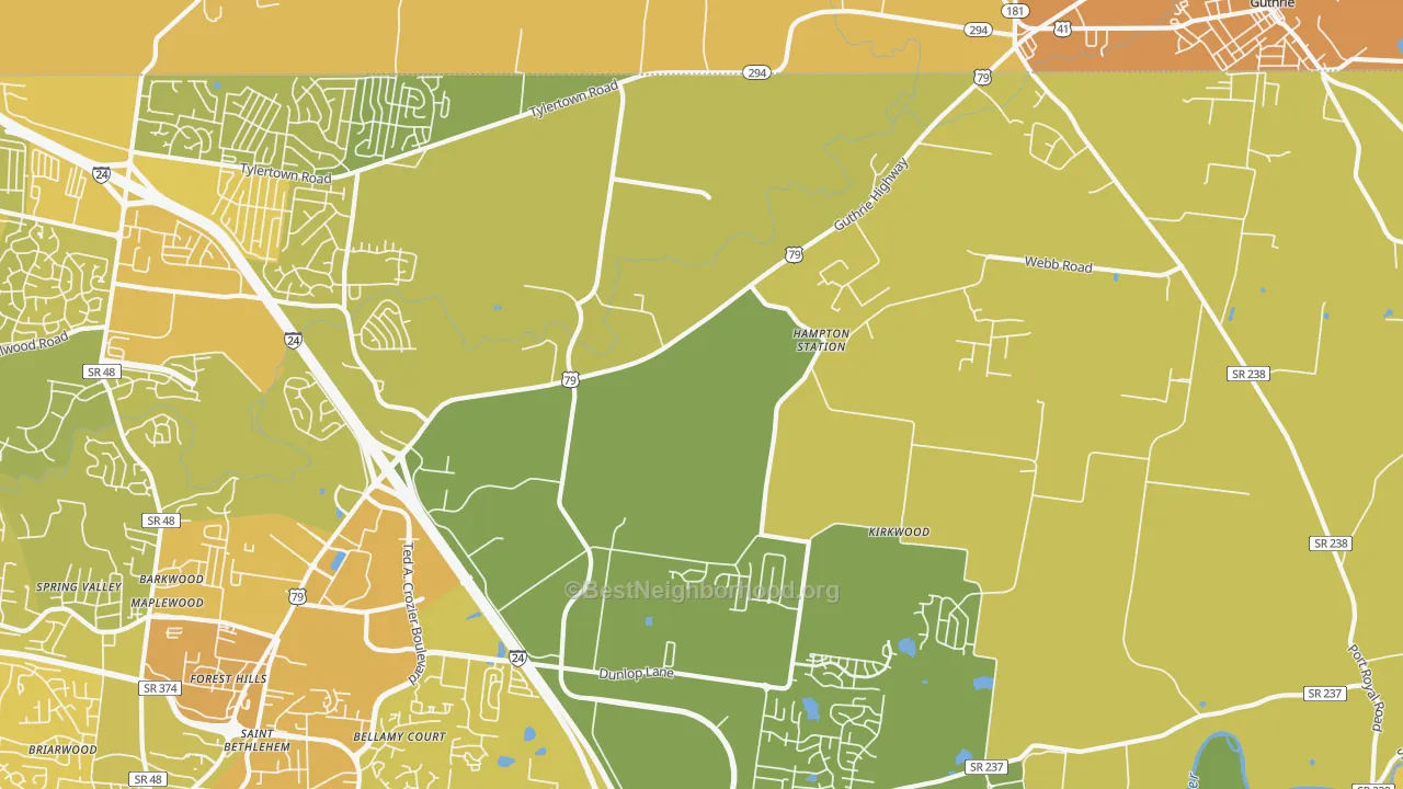 Map of the best neighborhoods in the Hampton Station area, with better matches in green and worse matches in red