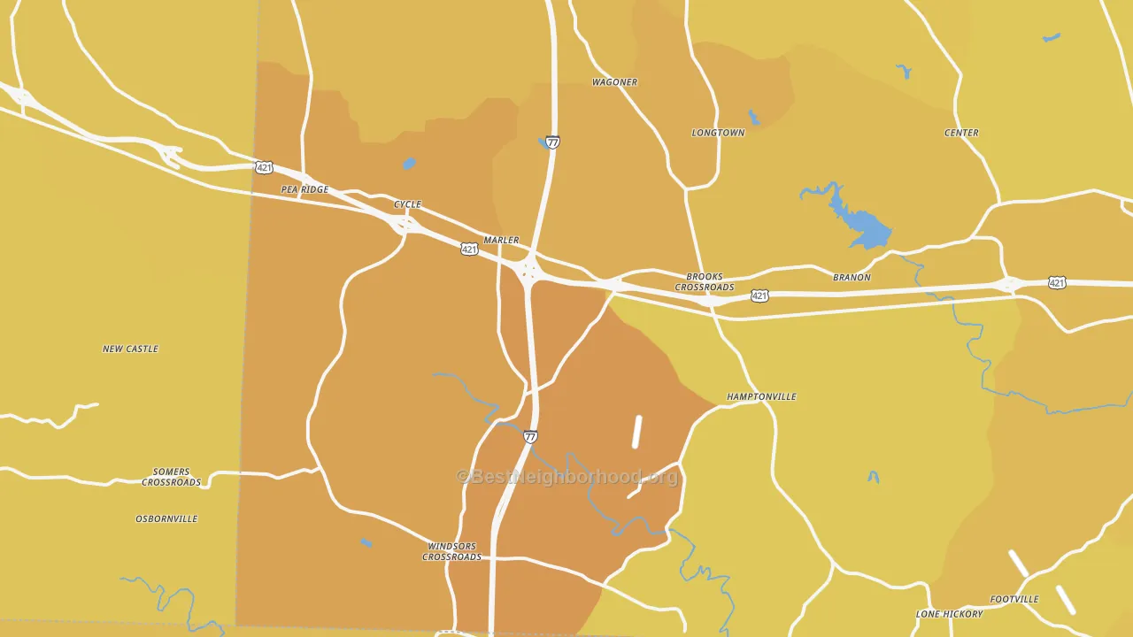 Map of the best neighborhoods in the Hamptonville area, with better matches in green and worse matches in red
