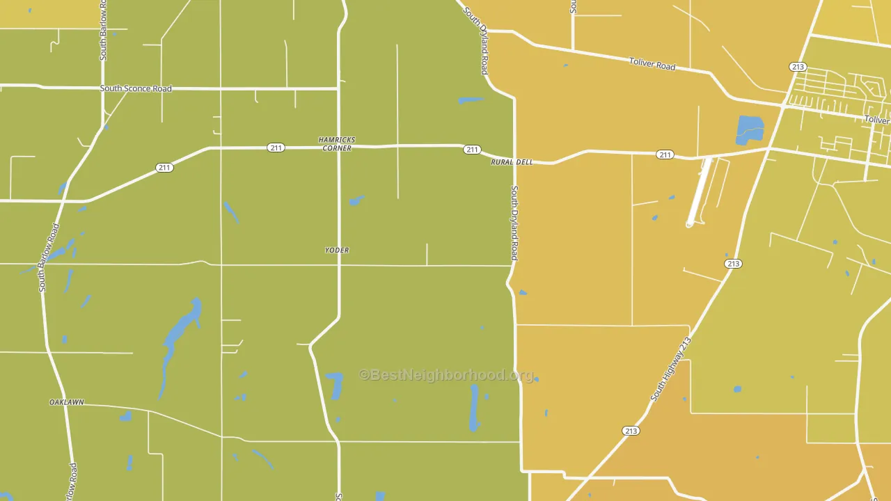Map of the best neighborhoods in the Hamricks Corner area, with better matches in green and worse matches in red