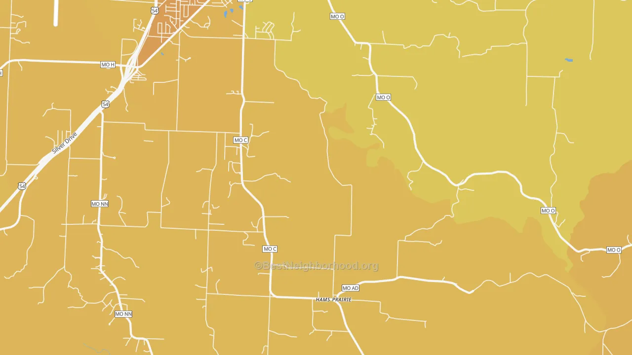 Map of the best neighborhoods in the Hams Prairie area, with better matches in green and worse matches in red