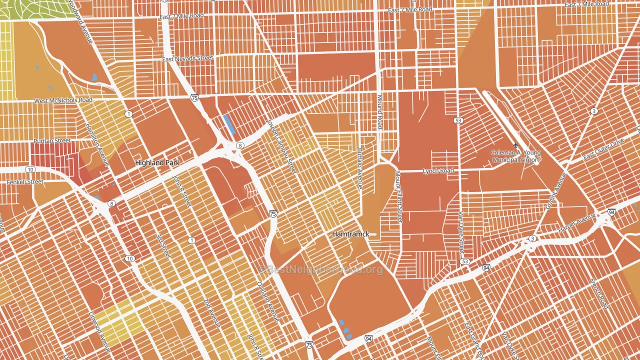 Map of the best neighborhoods in the Hamtramck area, with better matches in green and worse matches in red