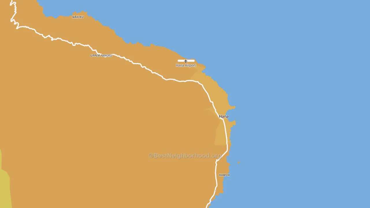 Map of the best neighborhoods in the Hana area, with better matches in green and worse matches in red