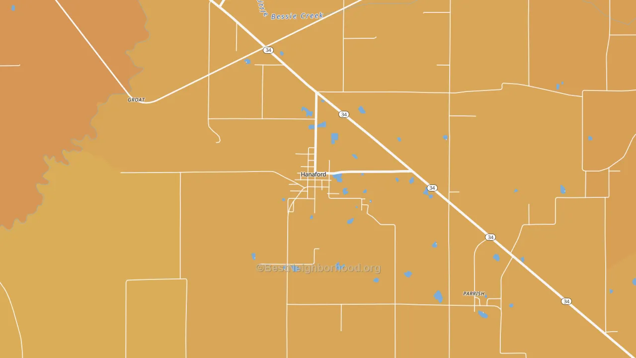 Map of the best neighborhoods in the Hanaford area, with better matches in green and worse matches in red