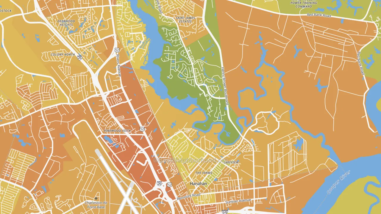 Map of the best neighborhoods in the Hanahan area, with better matches in green and worse matches in red