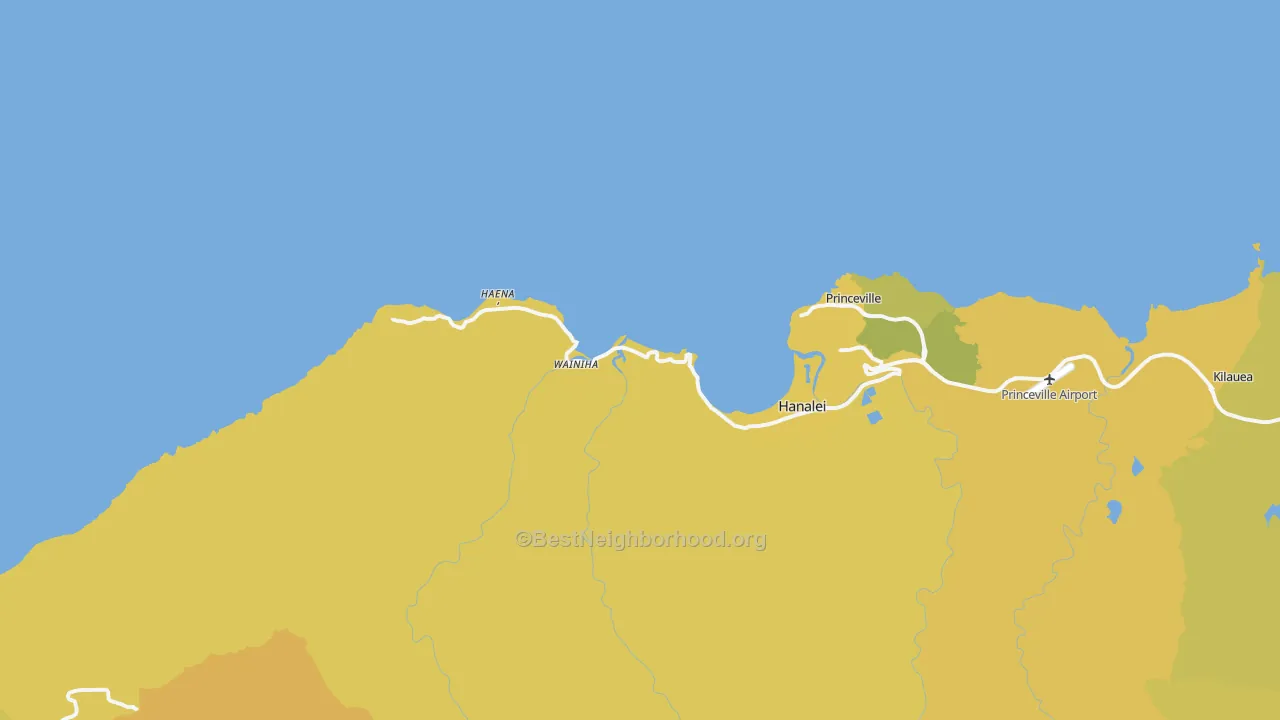 Map of the best neighborhoods in the Hanalei area, with better matches in green and worse matches in red