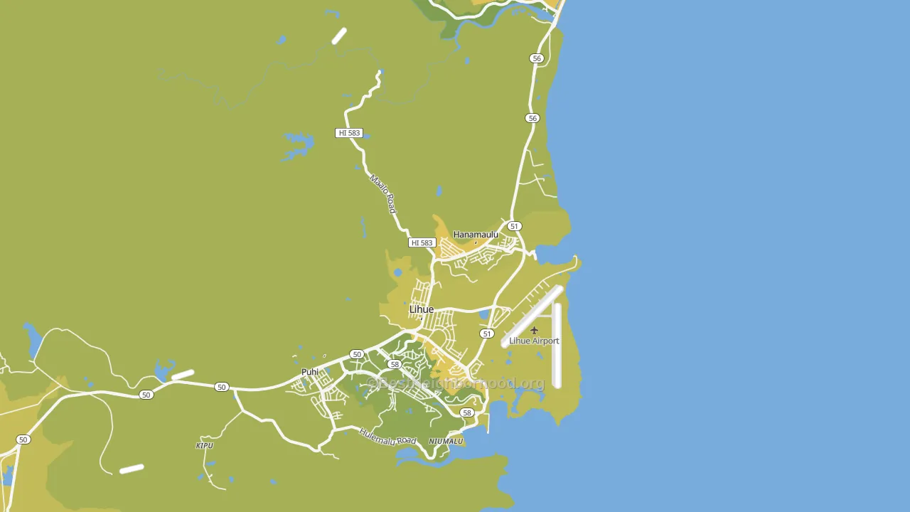 Map of the best neighborhoods in the Hanamaulu, Lihue area, with better matches in green and worse matches in red