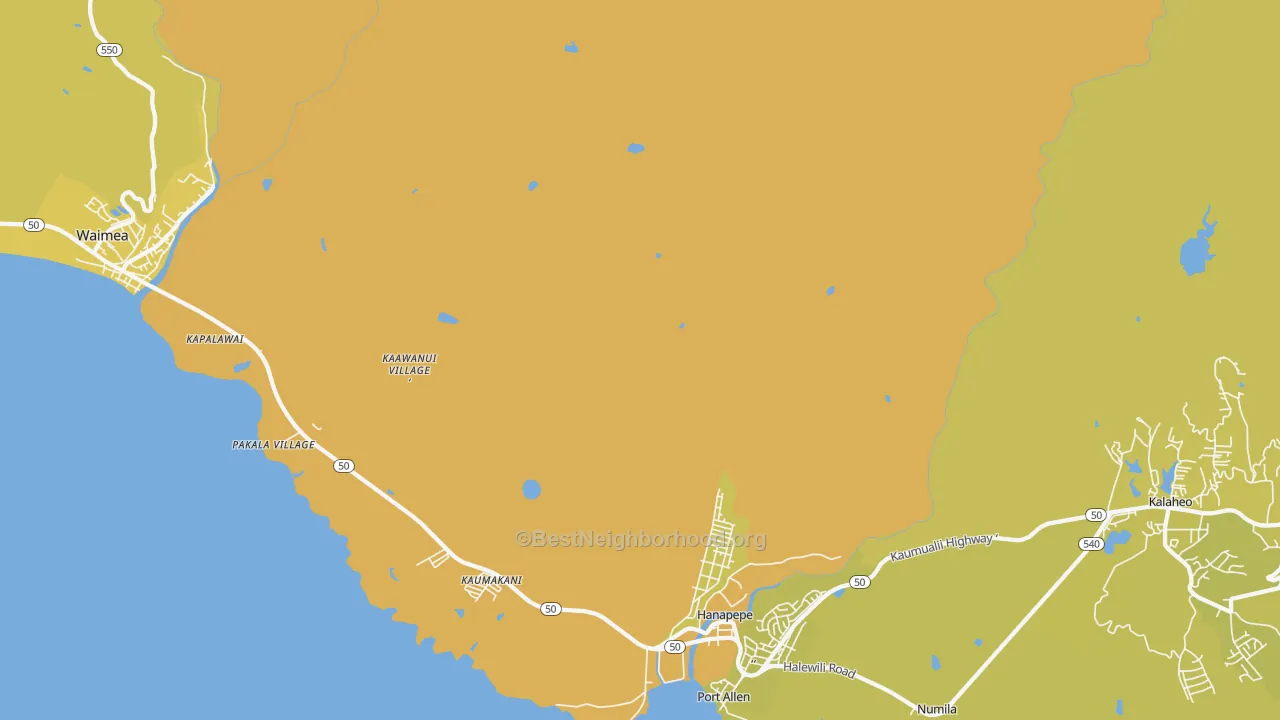 Map of the best neighborhoods in the Hanapepe Heights area, with better matches in green and worse matches in red