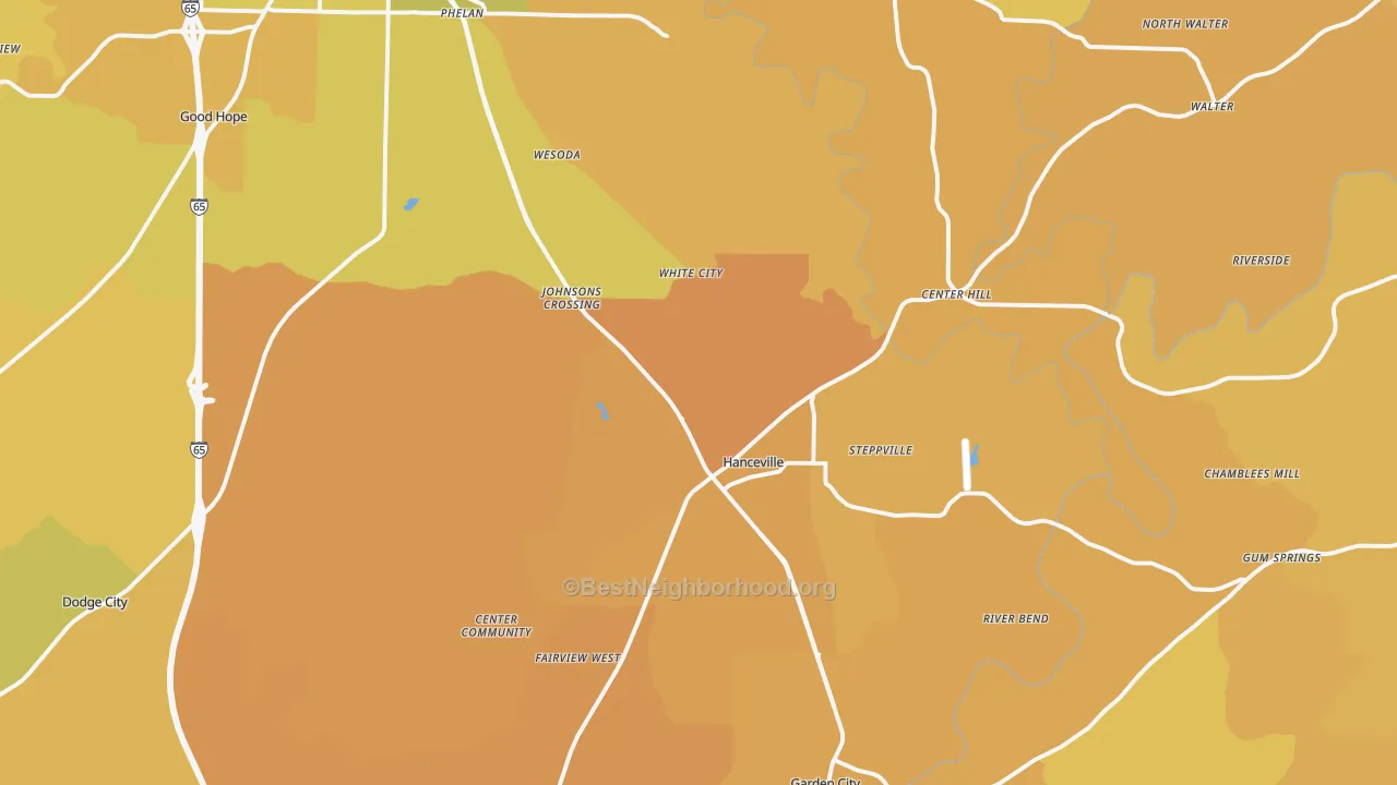 Map of the best neighborhoods in the Hanceville area, with better matches in green and worse matches in red