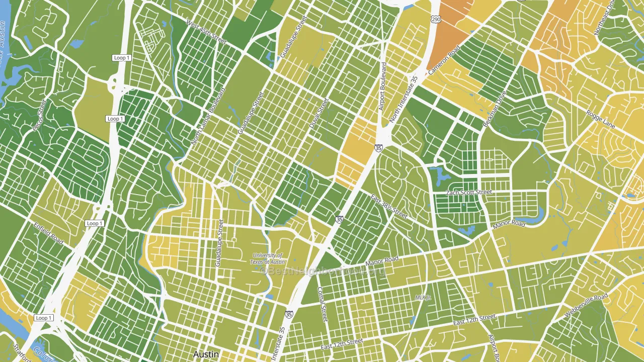 Map of the best neighborhoods in the Hancock, Austin area, with better matches in green and worse matches in red