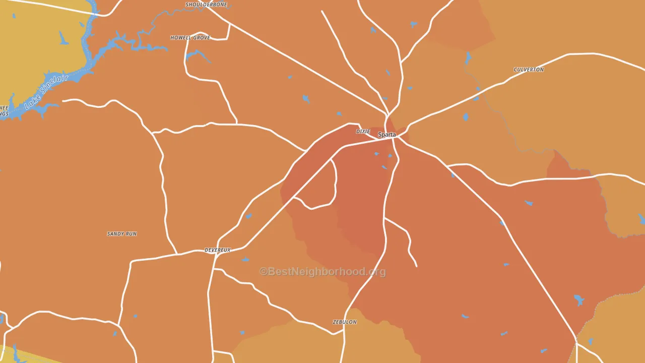 Map of the best neighborhoods in the Hancock County area, with better matches in green and worse matches in red