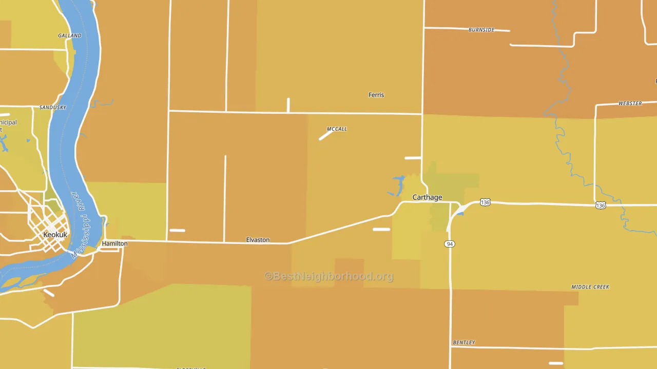 Map of the best neighborhoods in the Hancock County area, with better matches in green and worse matches in red