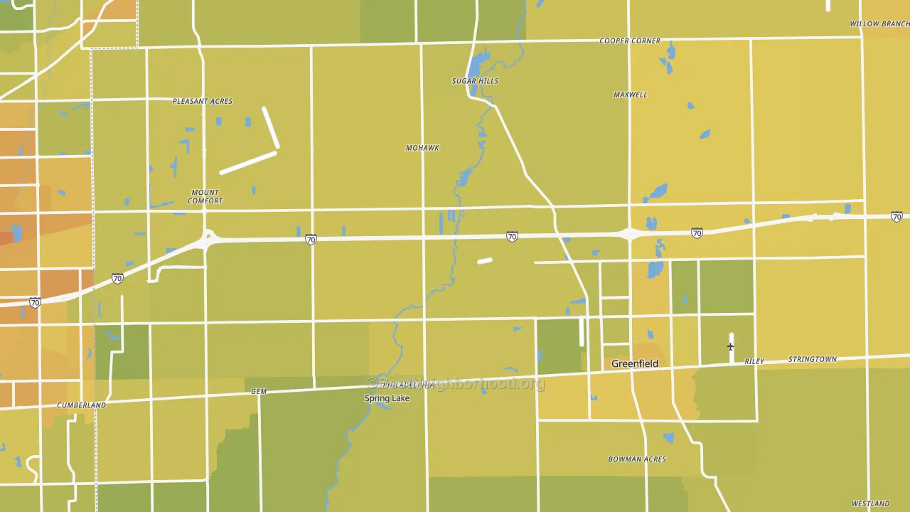 Map of the best neighborhoods in the Hancock County area, with better matches in green and worse matches in red