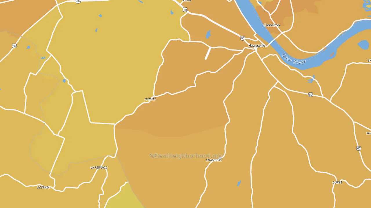 Map of the best neighborhoods in the Hancock County area, with better matches in green and worse matches in red