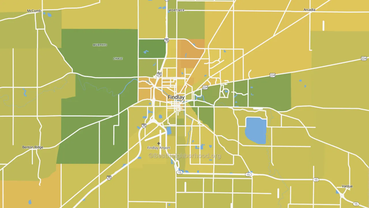 Map of the best neighborhoods in the Hancock County area, with better matches in green and worse matches in red