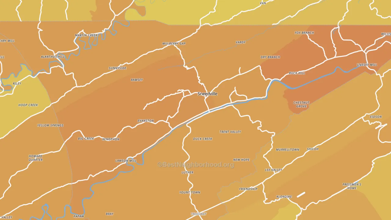 Map of the best neighborhoods in the Hancock County area, with better matches in green and worse matches in red