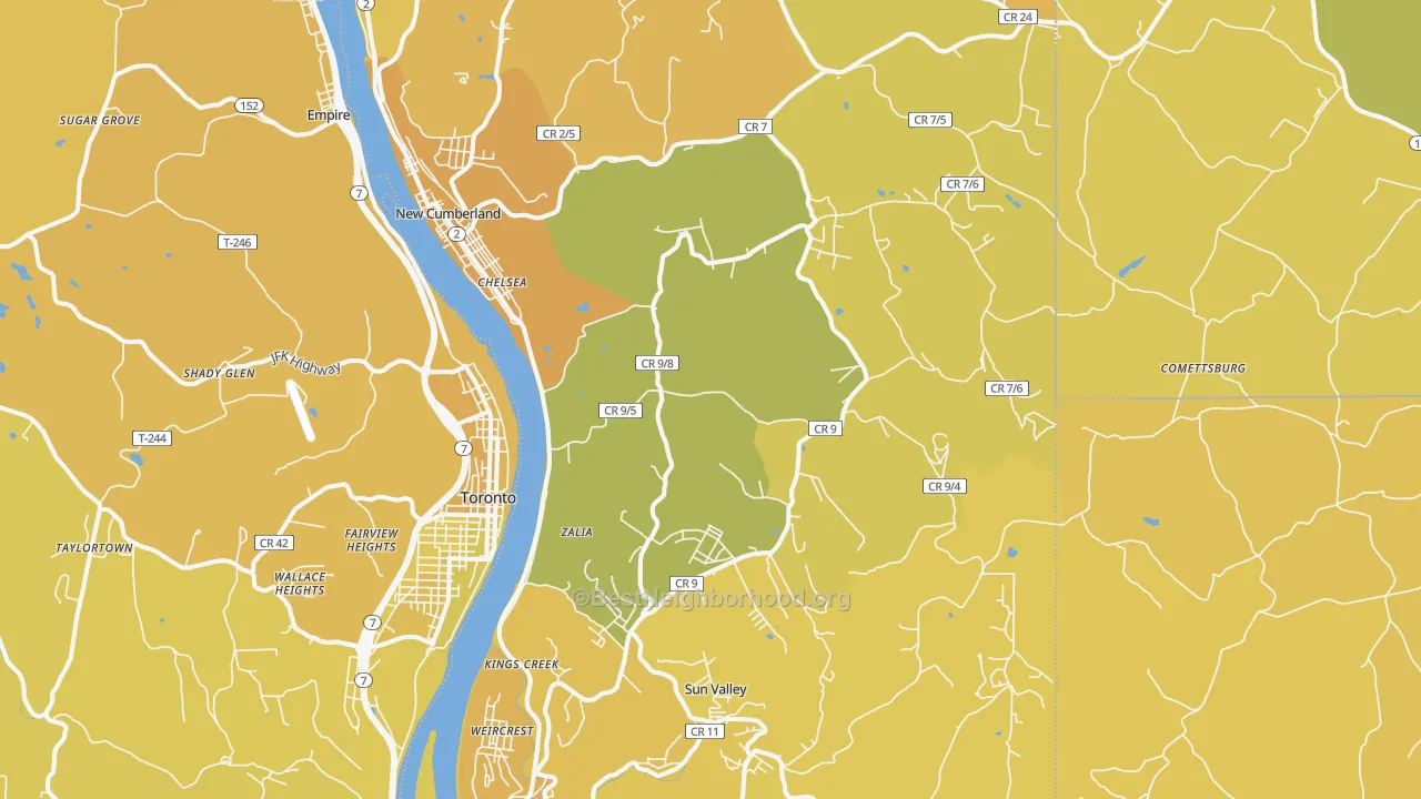 Map of the best neighborhoods in the Hancock County area, with better matches in green and worse matches in red