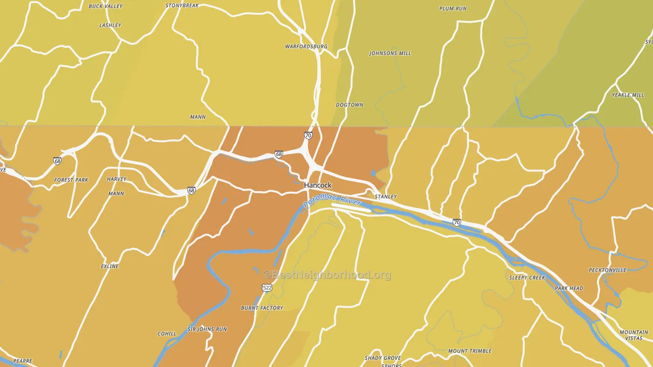 Map of the best neighborhoods in the Hancock area, with better matches in green and worse matches in red