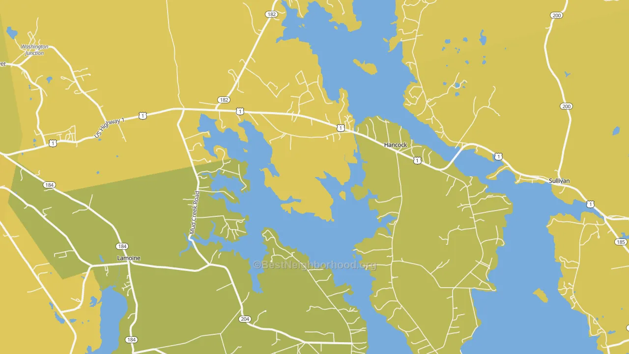 Map of the best neighborhoods in the Hancock area, with better matches in green and worse matches in red