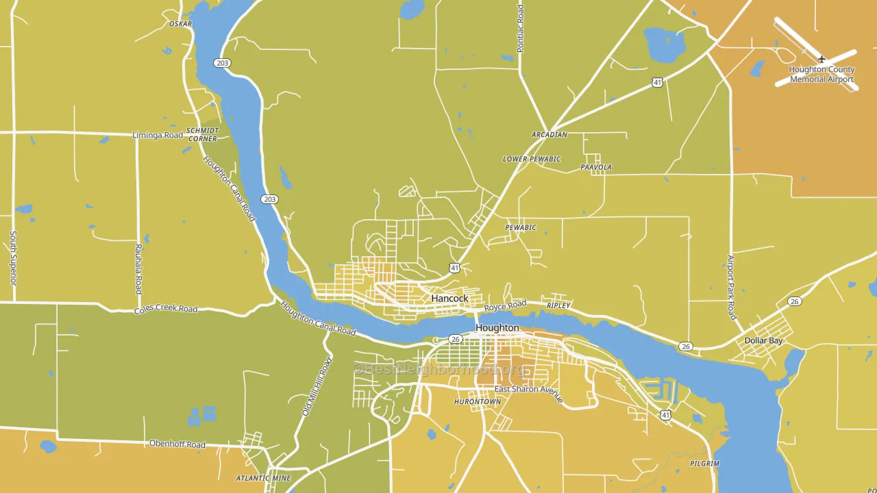 Map of the best neighborhoods in the Hancock area, with better matches in green and worse matches in red