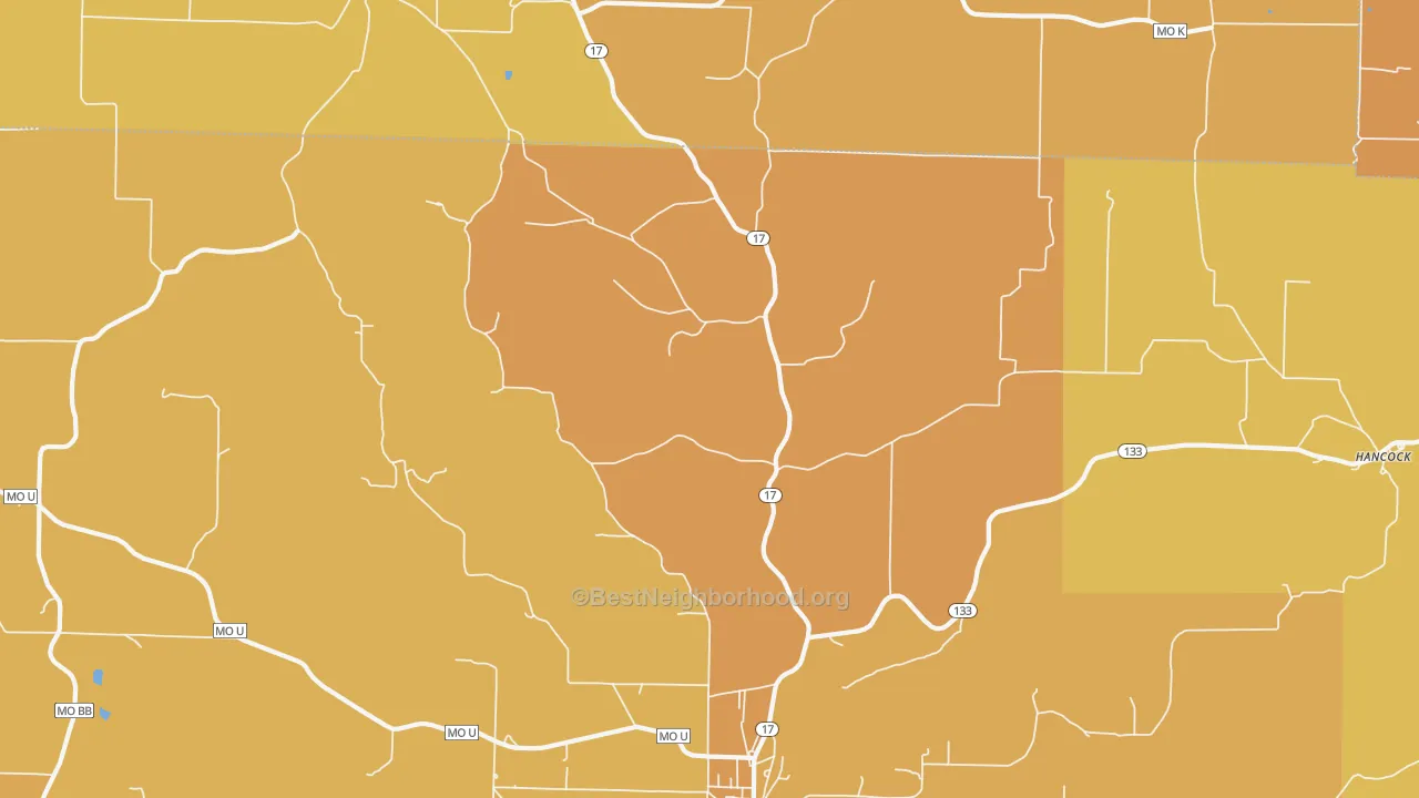 Map of the best neighborhoods in the Hancock area, with better matches in green and worse matches in red