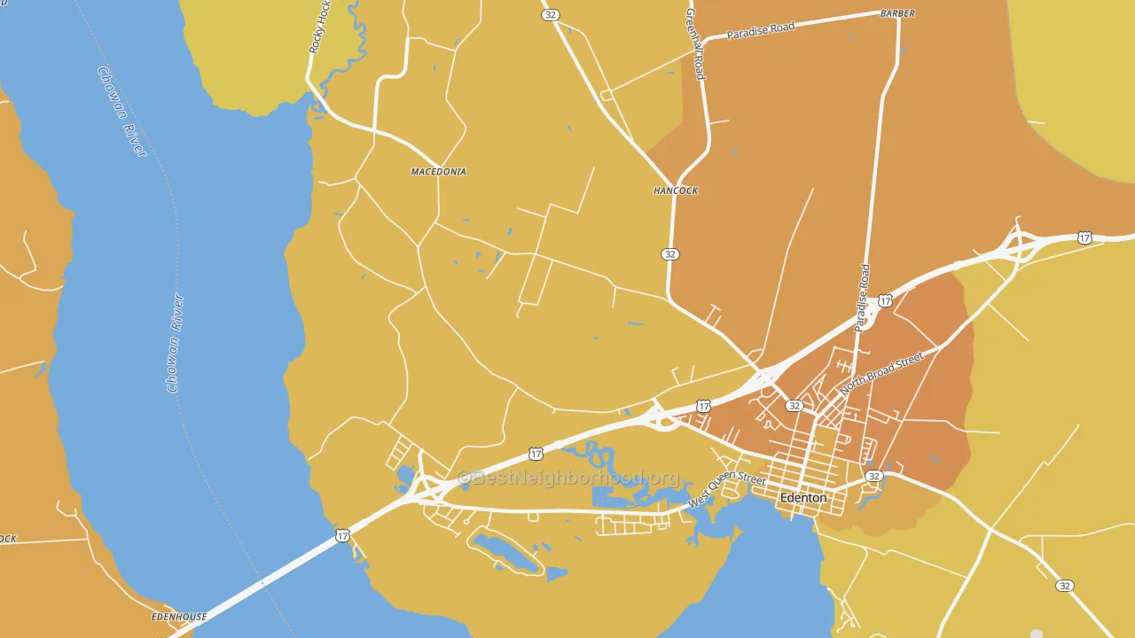 Map of the best neighborhoods in the Hancock area, with better matches in green and worse matches in red