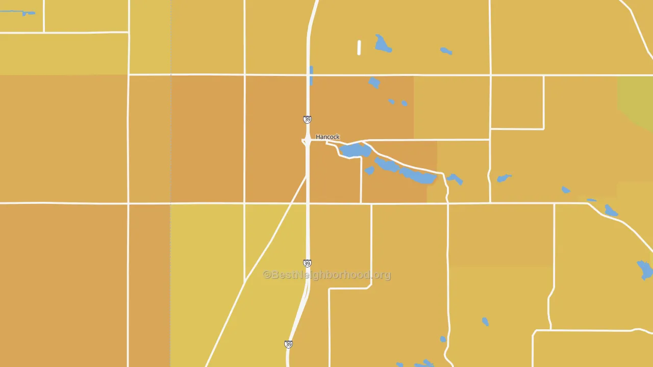 Map of the best neighborhoods in the Hancock area, with better matches in green and worse matches in red