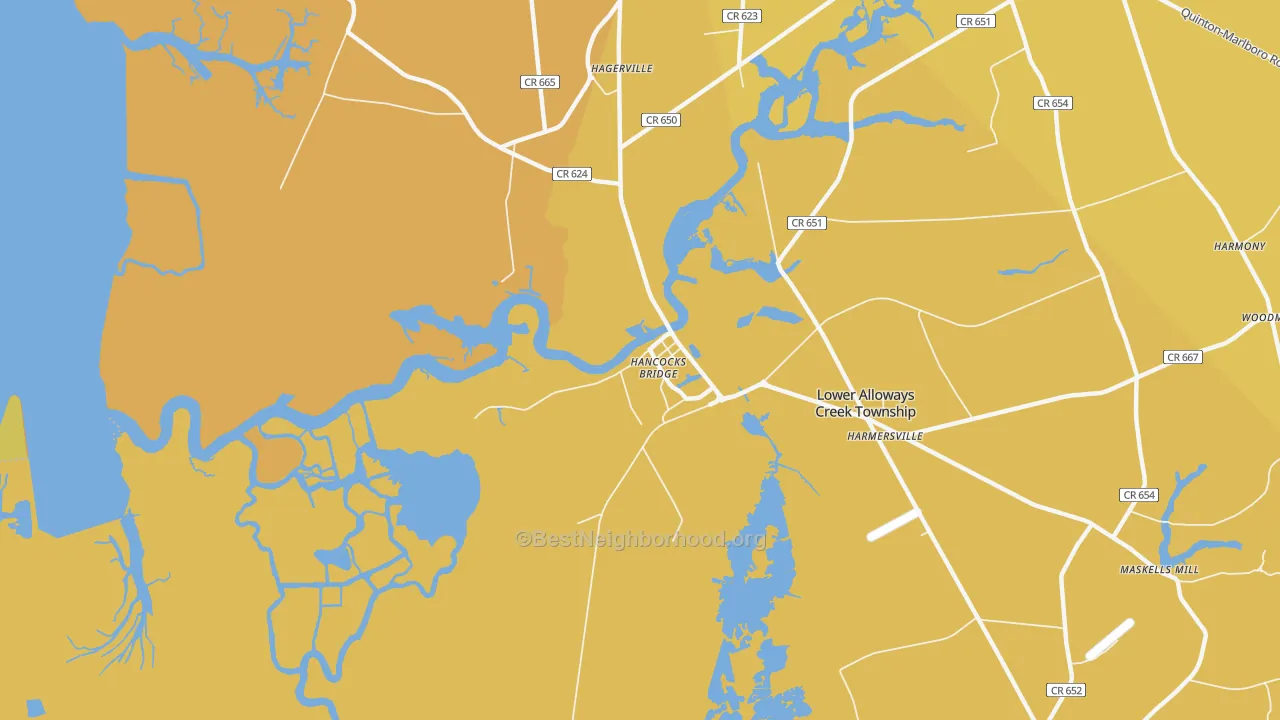Map of the best neighborhoods in the Hancocks Bridge area, with better matches in green and worse matches in red