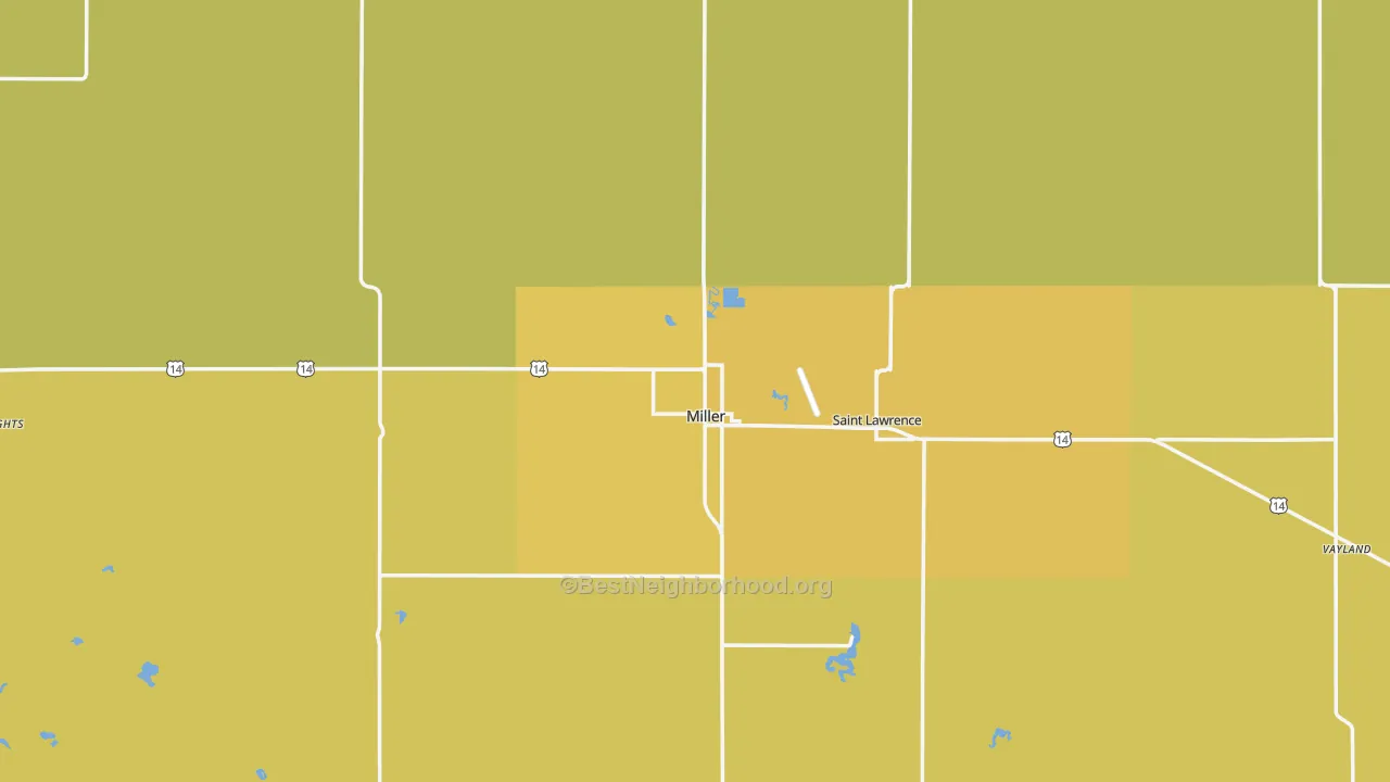 Map of the best neighborhoods in the Hand County area, with better matches in green and worse matches in red