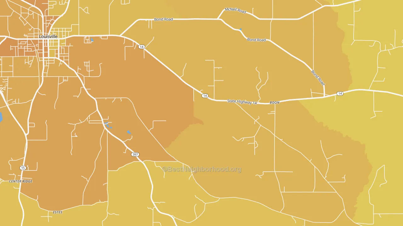 Map of the best neighborhoods in the Handle area, with better matches in green and worse matches in red