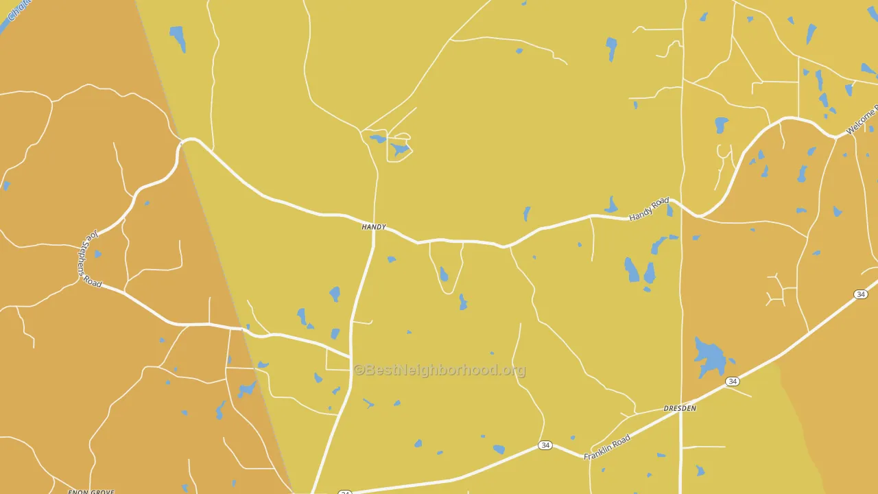Map of the best neighborhoods in the Handy area, with better matches in green and worse matches in red