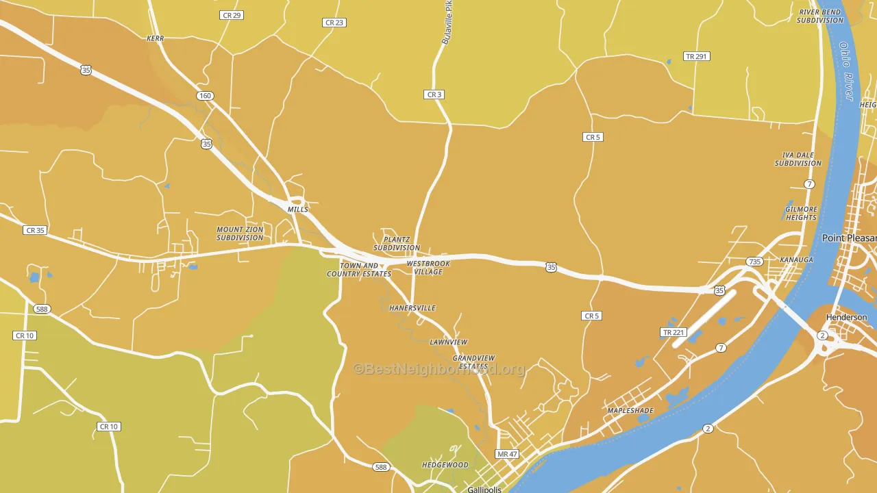 Map of the best neighborhoods in the Hanersville area, with better matches in green and worse matches in red