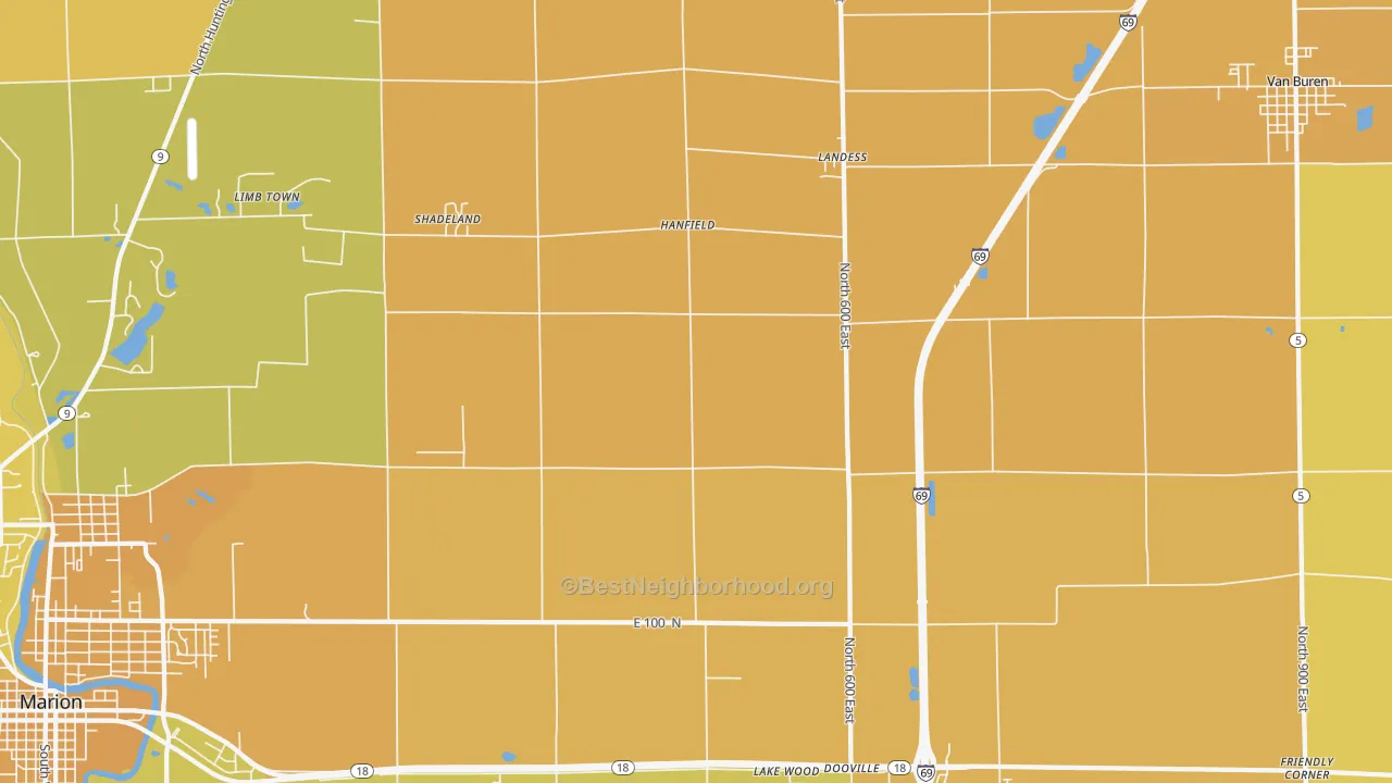 Map of the best neighborhoods in the Hanfield area, with better matches in green and worse matches in red