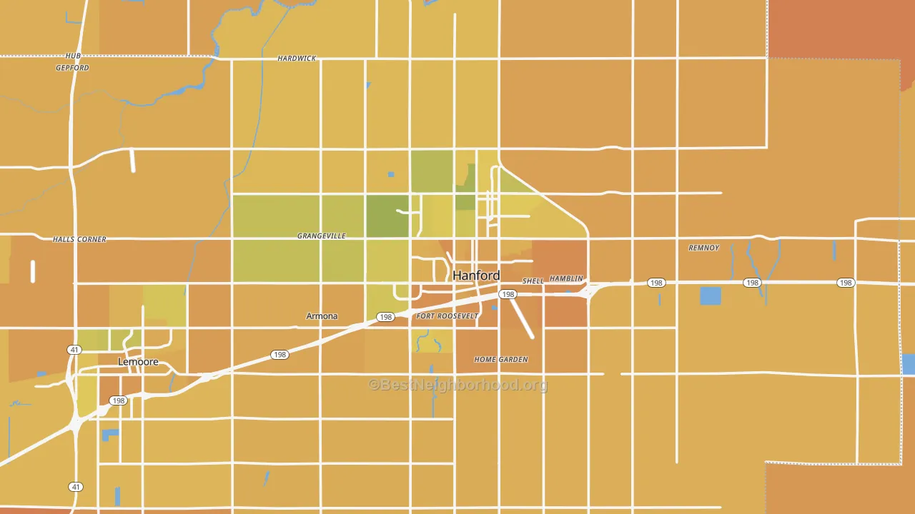 Map of the best neighborhoods in the Hanford Metro area, with better matches in green and worse matches in red
