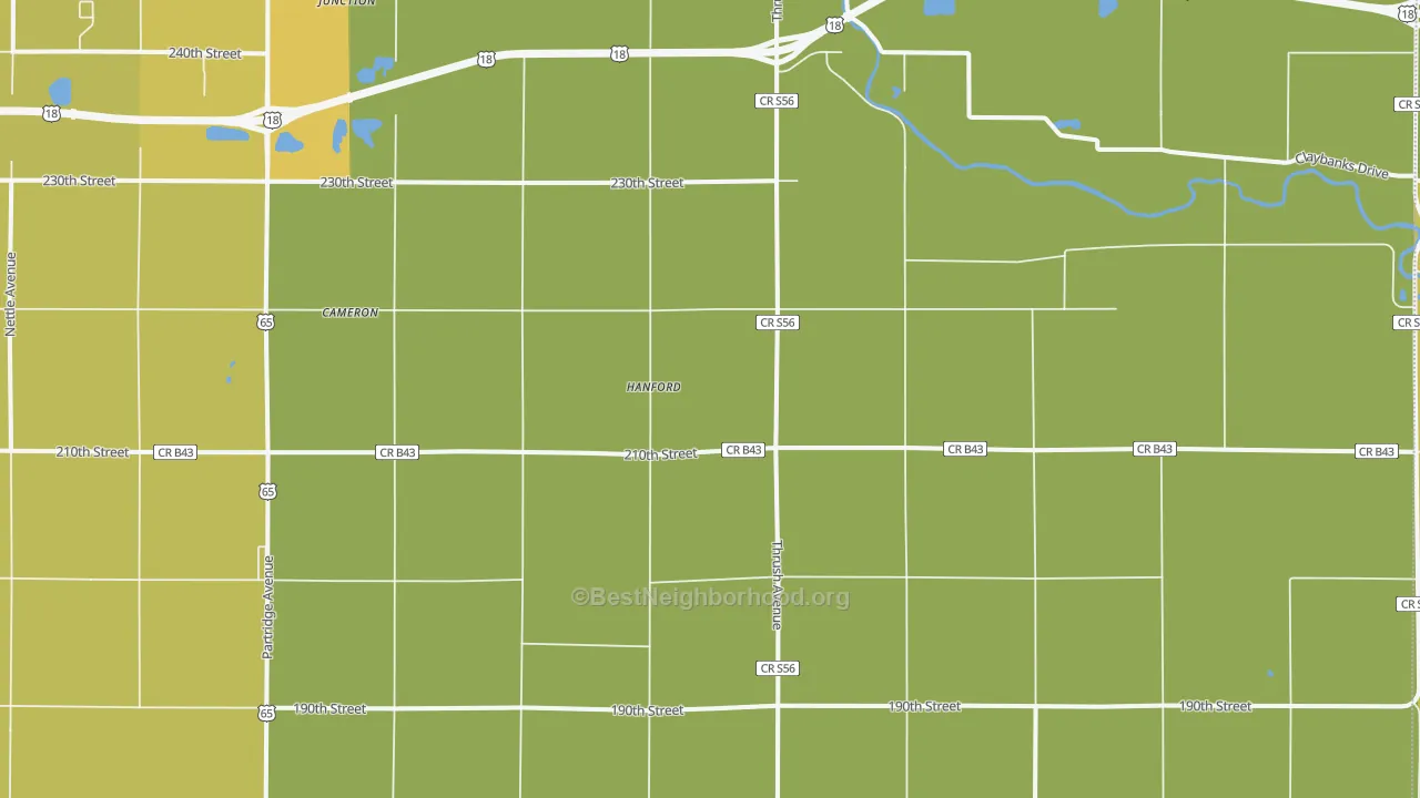 Map of the best neighborhoods in the Hanford area, with better matches in green and worse matches in red