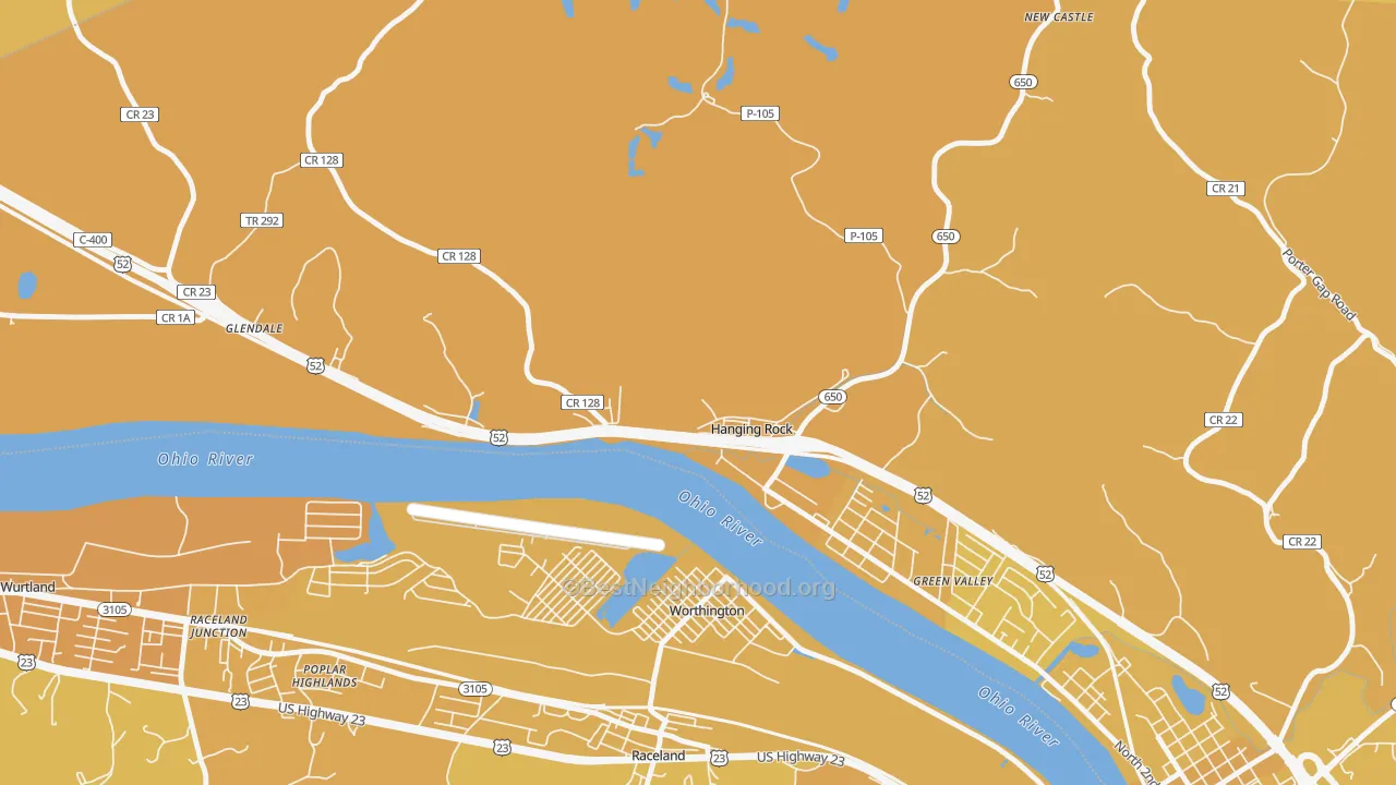 Map of the best neighborhoods in the Hanging Rock area, with better matches in green and worse matches in red