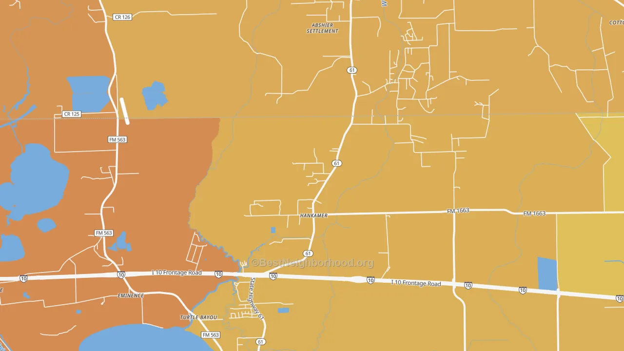 Map of the best neighborhoods in the Hankamer area, with better matches in green and worse matches in red