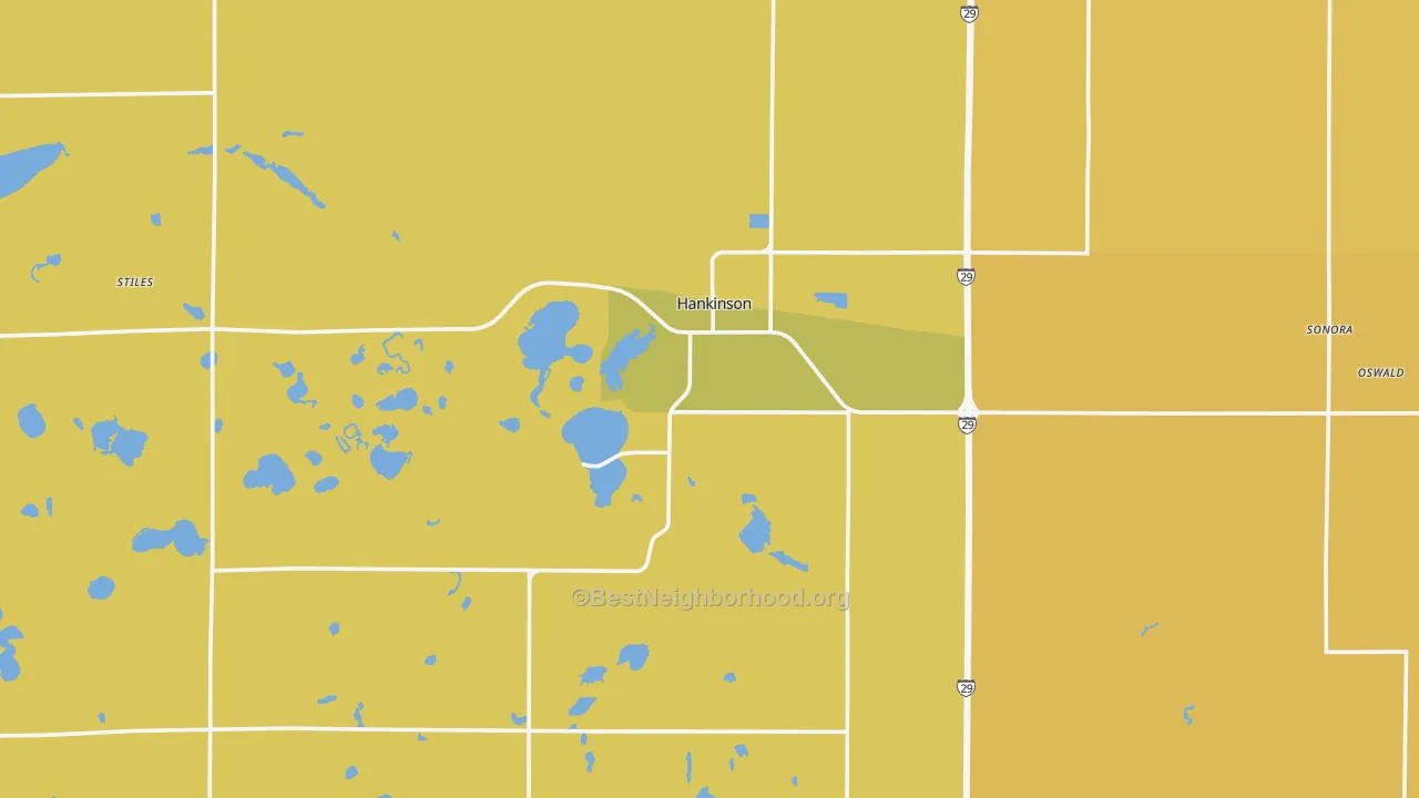 Map of the best neighborhoods in the Hankinson area, with better matches in green and worse matches in red